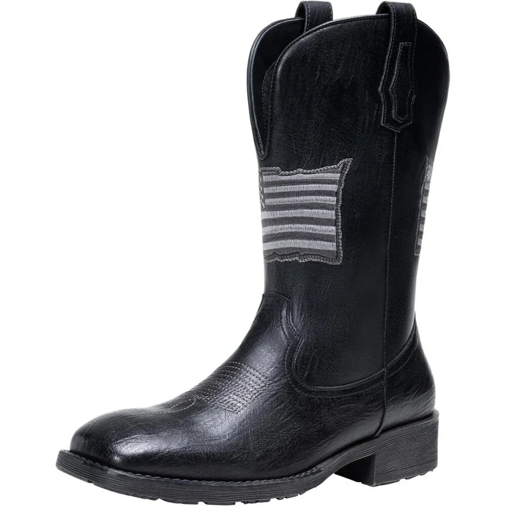 Men's Black Western Boot Side Zipper American Flag Retro Square Toe Mid-Calf